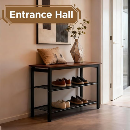 3-Tier Shoe Rack Bench, Hardwood & Alloy Steal Entryway Storage Organizer for Front Door Entrance, Bedroom, Living Room, 300lb Capacity (3-Tier Shoe Bench (Metal Mesh))