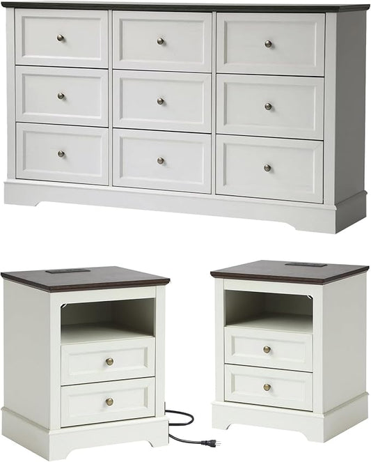 LOUVIXA Farmhouse Bedroom Sets of 4, Including 9 Drawer Dresser, 5 Drawer Dressers and Nightstand Set of 2 with Charging Station (Off White Sets, 3 Pieces-9 Drawer Dresser+2 Nightstand)