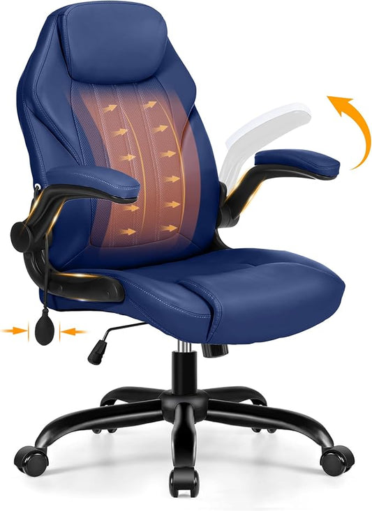Ylzyxal Office Desk Chair, Ergonomic Computer Chair with Padded Flip-Up Arms and Adjustable Lumbar Support, PU Leather Executive Chair with Tilt Lock and 360° Swivel Rolling Wheels for Work, Study