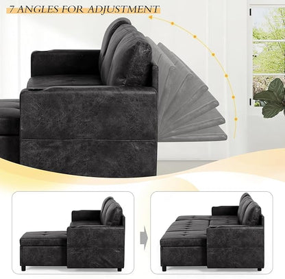 84" Suede Leather Pull Out Sofa Bed w/Adjustable Backrest, Sectional Sleeper Couch w/Storage Chaises and Armrest Pillows, U-Shape Sofa Bed w/USB Port for Living Room, House, Black