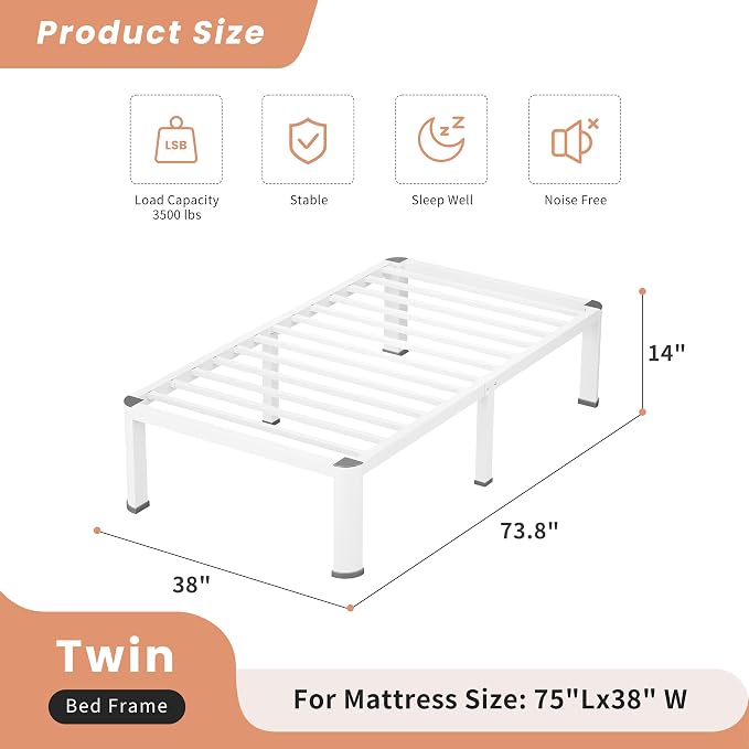 VIPSHOW 14 Inch White Twin Heavy Duty 3500 lbs Bed Frame with Round-Corner Legs & Anti-Squeak Design – Quick Assembly Metal Platform, No Box Spring Needed