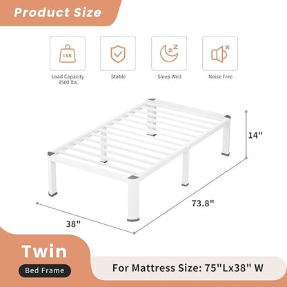 VIPSHOW 14 Inch White Twin Heavy Duty 3500 lbs Bed Frame with Round-Corner Legs & Anti-Squeak Design – Quick Assembly Metal Platform, No Box Spring Needed