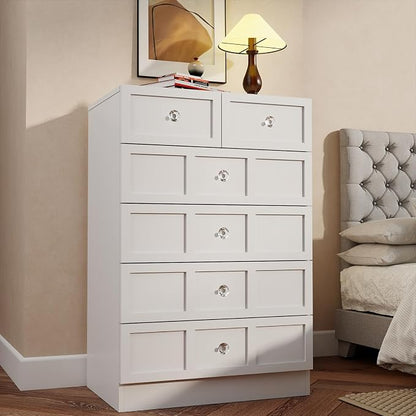 6 Drawer Dresser for Bedroom: 24" White Chest of Drawers with Deep Drawers, Tall Fluted Dresser with Storage, Modern Wood Dressers for Bedroom, Living Room