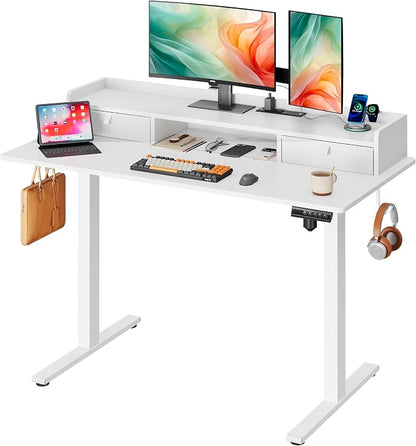 DEVAISE 48 Inch Electric Standing Desk with Shelf, Adjustable Computer Desk for Home Office, with LED Touchscreen，Headphone Hook, 3 Memory Preset, with One-Piece Desktop, White
