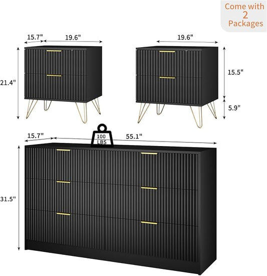 Black Dresser and Nightstand Sets, 6 Drawer Dresser Set for Bedroom 3 Piece, 55” Wide Fluted Wood Dressers W/Metal Handle & Night Stand Set of 2, Modern Bedroom Furniture Sets, Black