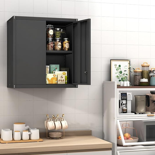 GREATMEET Metal Garage Storage Cabinet with Lock, Metal Wall Cabinets for Garage, Wall Mount Cabinet, Upper Cabinets Wall Mounted, Utility Cabinet with Adjustable Shelf for Home Office, Black