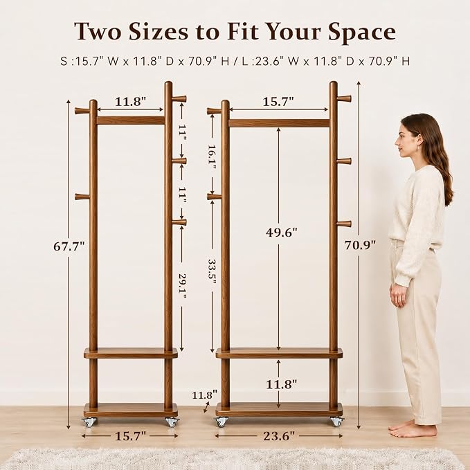 Solid Wood Coat Rack Freestanding Clothing Rack with Wheels & 2 Shelves Storage & 5 Hooks Heavy Duty Clothes Rack Wood Coat Tree Stand Hat Hanger Rack for Corner Bedroom Entryway Living Room Hotel