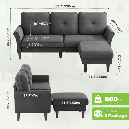 Welzona Sectional Couches for Living Room, 83" Velvet Modern 3 Seater Sofa, L Shaped Couch with Ottoman, Small Sectional Couch Sofas for Living Room, Bedroom, Apartment, Office, Grey Sofa
