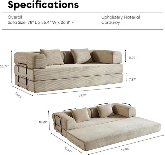 ZEIINPA Corduroy Floor Sofa Bed, Convertible Folding Couch Bed with Fixed-Shape Frame and Armrest for Living Room Bedroom Lounge Studio-Beige