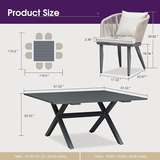 PURPLE LEAF 9 Pieces Outdoor Metal Furniture Set Patio Conversation Sets Dining Set, 1 Square Dining Table and 8 Modern Chairs with Cushions Seat Taupe