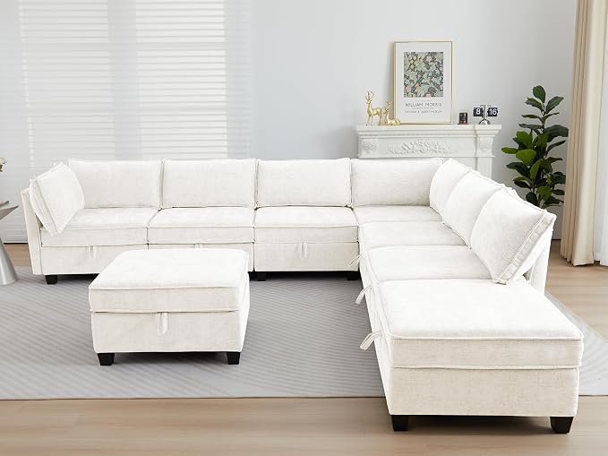 ORRD Oversize Corner Modular Sectional Sofa Set, Convertible L Shaped Couch with Storage, 8 Seater Sofa Modular with Ottomans and Reversible Chaise for Living Room, Office (Beige)