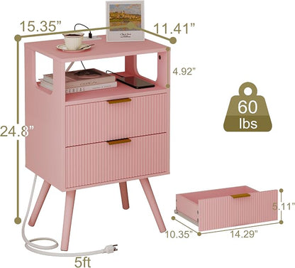 JOONEE Pink Nightstand with Charging Station and LED Lights,Modern Bedside Table with 2 Storage Drawer and Open Wood Shelf, for Bedroom and Small Spaces,Night Stand with Solid Wood Legs,Pink