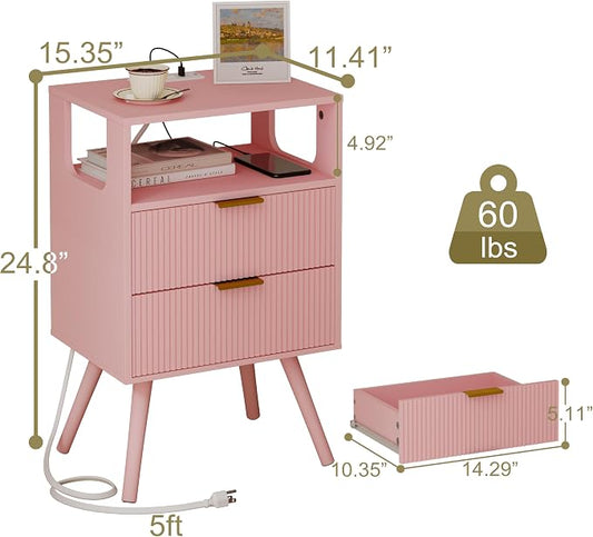 JOONEE Pink Nightstand with Charging Station and LED Lights,Modern Bedside Table with 2 Storage Drawer and Open Wood Shelf, for Bedroom and Small Spaces,Night Stand with Solid Wood Legs,Pink