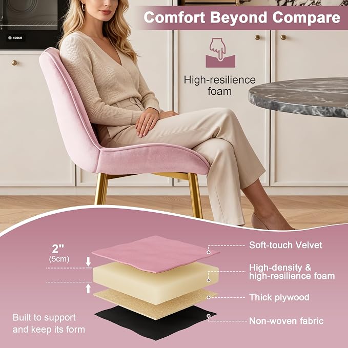 VECELO Dining Chairs Set of 6, Velvet Fabric & Metal Frame, Mordern Style for Kitchen, Living Room,Offcie, Pink