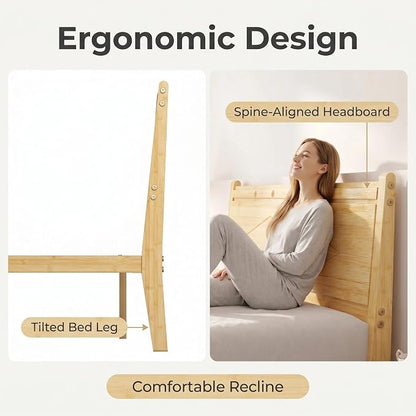 Askeld 14 inch Bamboo King Bed Frame with Headboard, Light Cottagecore Solid Wood Platform Bed No Box Spring Needed, Easy Assembly, Noise Free