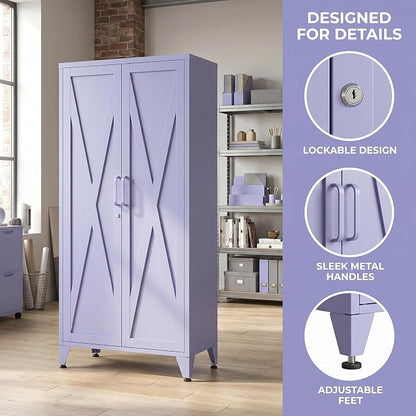 X-Shaped Door Kitchen Pantry Cabinets with Lockable and Adjustable partitions Metal Storage Cabinet 61" H Metal Pantry Cabinetfor Cupboard/Dining Room/Bathroom/Living Room/Office/Laundry Room