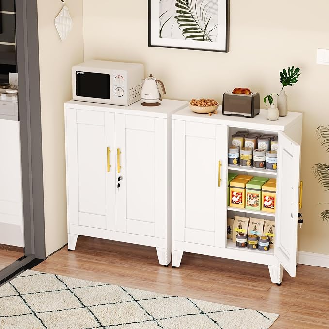 White Metal Storage Cabinet, 36" Tall Locking Storage Cabinet, 12”D | with 2 Adjustable Shelves, Steel Locker Organizer, Metal Freestanding Buffet Cupboards Sideboard for Office, Home, School,2PS