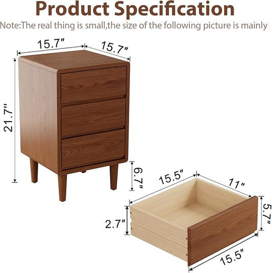 Tall Nightstand Walnut Night Stand with 3 Drawers Mid Century Modern Nightstand with Storage,Solid Wood Night Stand,Small Bedside Table for Bedroom,Living Room,Office,Walnut Bedside Table