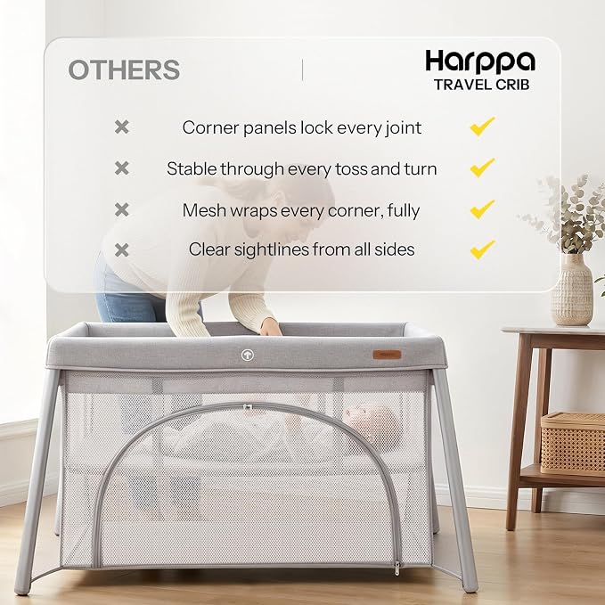 HARPPA Travel Crib with Comfy Pad, Lightweight Portable Crib Requires No Assembly, Foldable Pack and Play for Baby and Toddlers, Compact Play Yard with Bed,Gray