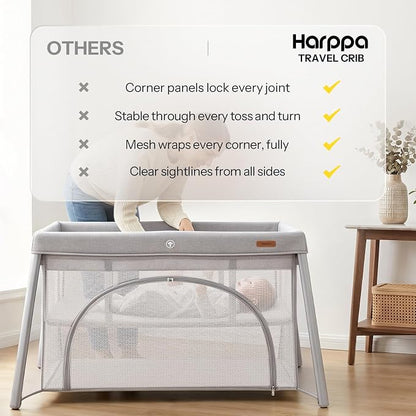 HARPPA Travel Crib with Comfy Pad, Lightweight Portable Crib Requires No Assembly, Foldable Pack and Play for Baby and Toddlers, Compact Play Yard with Bed,Gray