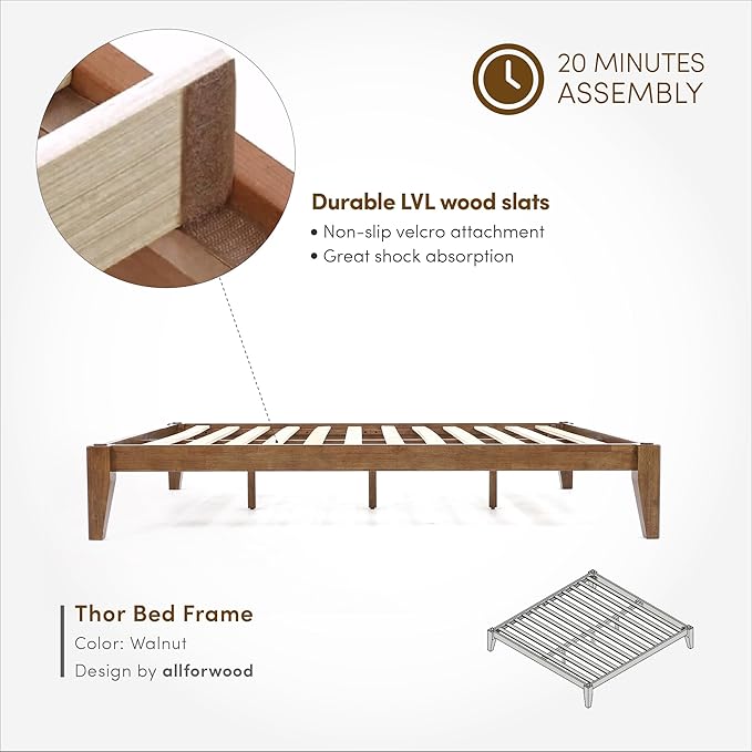 Thor Premium Solid Wood Bed Frame Queen, Japanese Joinery Bed Frame with Wood Slat Support, Platform Bed, No Box Spring Needed, Easy Assembly, Minimalist & Modern Style (Walnut)