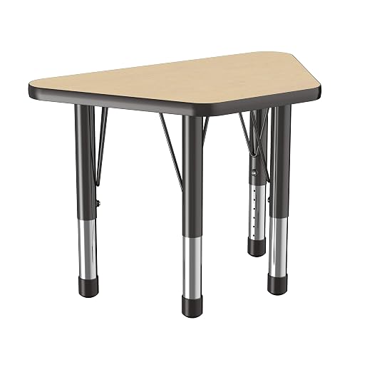 FDP Trapezoid Activity School and Classroom Kids Table (18 x 30 inch), Chunky Toddler Legs for Collaborative Seating Environments, Adjustable Height 15-24 inches - Maple Top and Black Edge