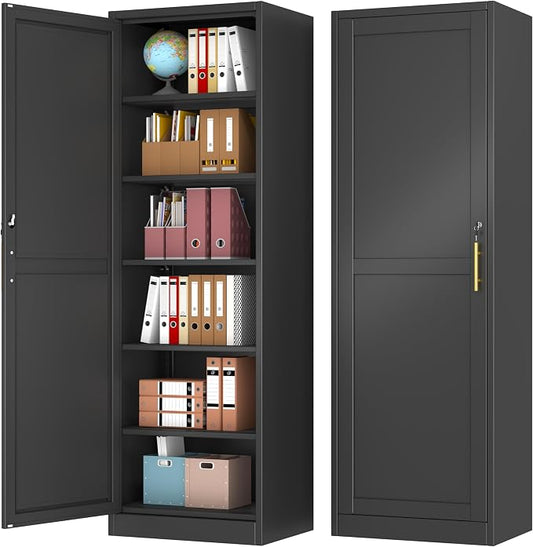 Tall Narrow Slim Metal Storage Cabinet with Lock and 5 Adjustable Shelves,Steel File Cabinets,Kitchen Pantry Cabinet Locker Organizer - 67" Storage Cabinets for Bathroom,Bedroom,Office,Black