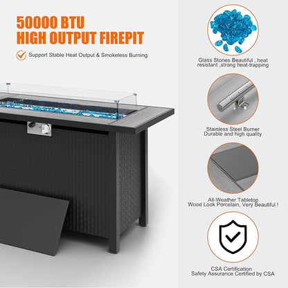 45 inch Propane Fire Pit Table, 50,000 BTU Outdoor Gas Fire Pit Table with Lid, Waterproof Cover, Rectangle Gas Firepit Table for Garden/Patio