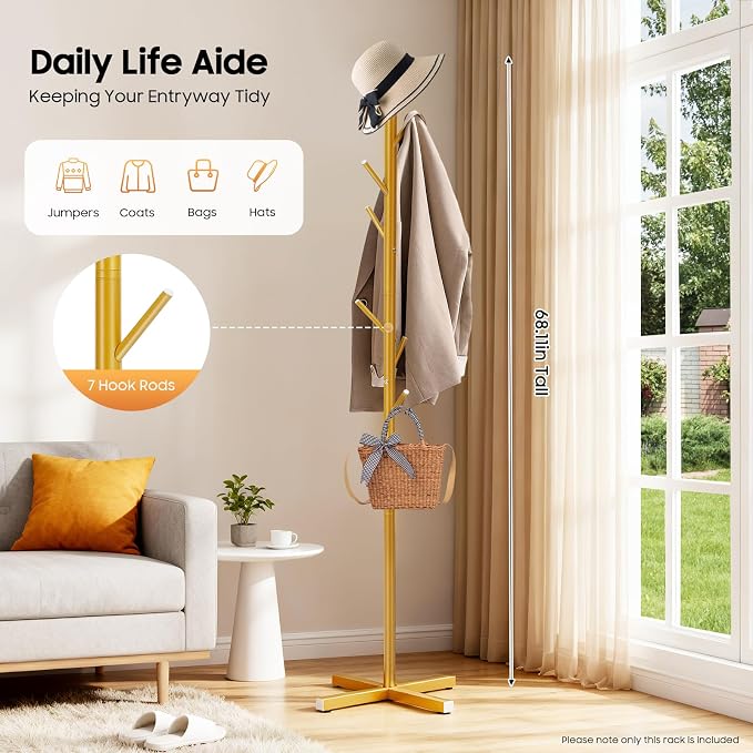 Modern Coat Rack,Free Standing 7 Hooks Hall Tree,Easy Assembly for Coats, Hats,Scarves and Handbags for Entryway, Hallway,Bedroom,Office,Gold