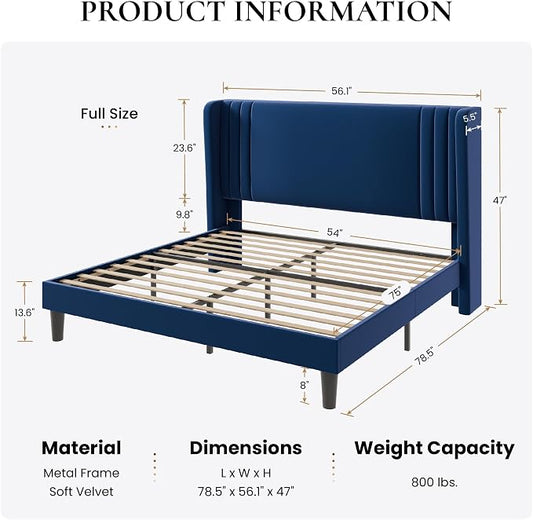 SHA CERLIN Full Size Velvet Upholstered Platform Bed Frame with Vertical Channel Tufted Wingback Headboard, Wooden Slats Support, Easy Assembly, Under Bed Storage, No Box Spring Required, Blue