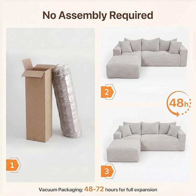 Claiks 94" Boneless Couch, Cloud Couch Sectional, L-Shape Corduroy Modular Sectional Sofa Deep Seat, Upholstered Couches for Living Room, No Assembly Required, Light Grey