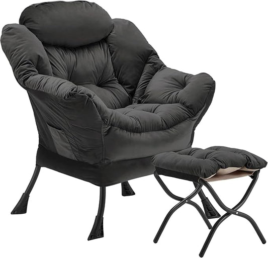 Youtanic Lazy Chair with Folding Ottoman, Accent Chair Velvet Upholstered with Metal Structure and Non-Slip Pads, Sofa Armchair with Footrest and Side Storage Bag for Dorm, Office, Charcoal