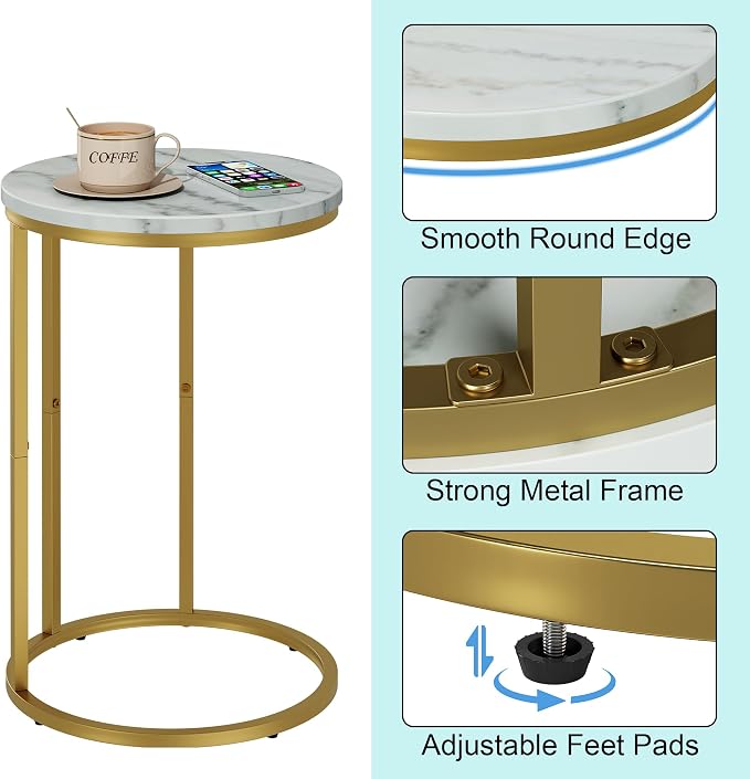 Function Home C Table End Table, Marble C Shaped Sofa Side Table, Couch Tables that Slide Under, Snack Accent Table for Living Room Bedroom Small Space, Marble Top and Gold Metal Frame