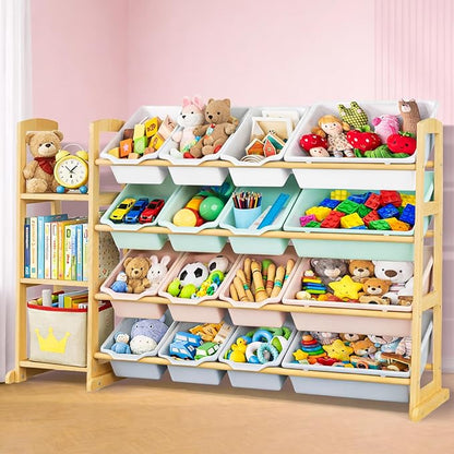 Kids Toy Storage Organizer with Bookshelf – Wooden Shelf with 16 Bins & 3 Shelves, Quick Assembly Storage Rack for Playroom, Bedroom, Nursery– Colorful