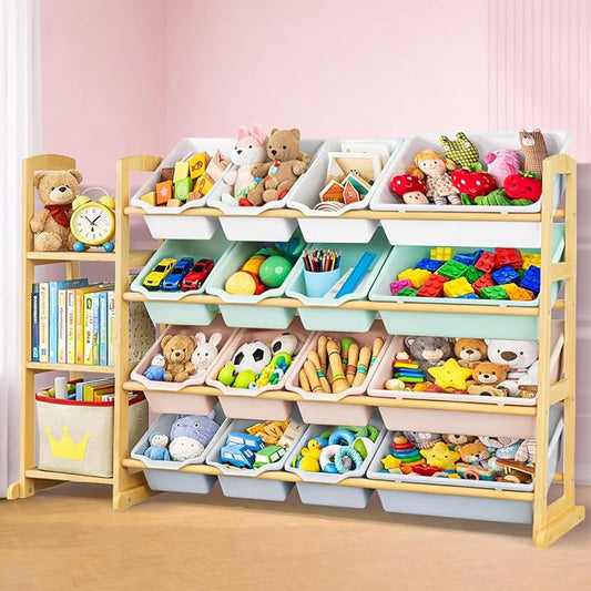 Kids Toy Storage Organizer with Bookshelf – Wooden Shelf with 16 Bins & 3 Shelves, Quick Assembly Storage Rack for Playroom, Bedroom, Nursery– Colorful