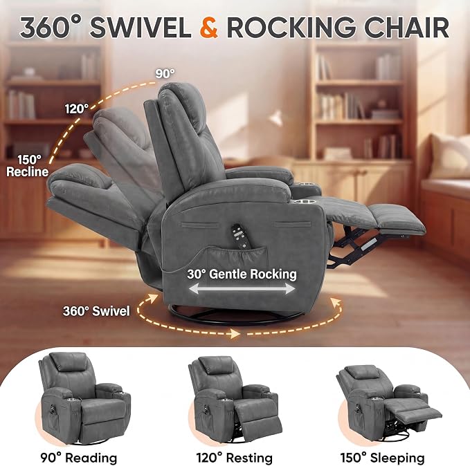 JUMMICO Small Swivel Rocker Recliner, 360 Rocking Chair Recliner with Massage, Upholstered Leathaire Rocker Recliner with Cup Holder for Living Room, Bedroom, Nursery (Dark Gray)
