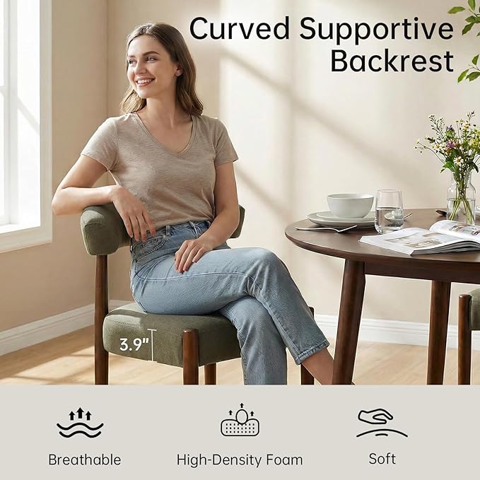 VKNOW Wooden Dining Chairs Set of 6, Modern Upholstered Dining Room Chairs with Walnut Wood Legs and Curved Backrest, Fabric Kitchen Chairs for Farmhouse/Living Room/Dining Room, Green