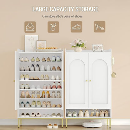 Hzuaneri Shoe Cabinet with Doors, 7-Tier Shoe Storage Cabinet with Adjustable Shelves, Wooden Shoes Organizer Cabinets with Top Storage Layer, 28-32 Pairs, for Entryway, Hallway, White SR68703A
