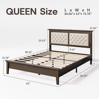 Lifezone Solid Wood Queen Size Bed Frame 41.5” Tall Diamond-Tufted Upholstered Headboard, American Classic Flat-Top Bed, Stable Structure, Wood Slats Support, Noise-Free, No Box Spring Needed, Walnut