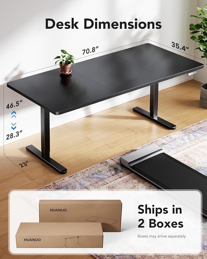 HUANUO Electric Standing Desk, 71 x 35 inch Large Height Adjustable Table, Powerful Brushless Motor, 4 Memory Preset, Sit Stand Up Desk, Home Office Computer Table with Thick T-Shaped Frame