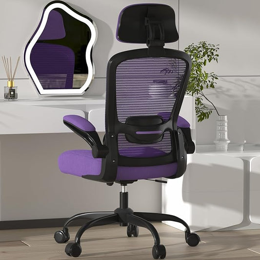 Mimoglad Office Chair, High Back Ergonomic Desk Chair with Adjustable Lumbar Support and Headrest, with flip-up Armrests for Guitar Playing, 5 Years Warranty (Modern, Dark Purple(Black Frame))