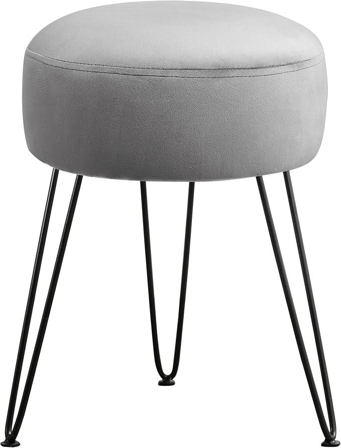 LUE BONA Vanity Stool, Gray Vanity Stools for Makeup Room, Round Ottoman Foot Stool, Velvet Footrest Vanity Chair for Bathroom Vanity, Bedroom, Living Room, Entryway, Offices, 300lbs