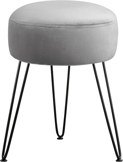 LUE BONA Vanity Stool, Gray Vanity Stools for Makeup Room, Round Ottoman Foot Stool, Velvet Footrest Vanity Chair for Bathroom Vanity, Bedroom, Living Room, Entryway, Offices, 300lbs