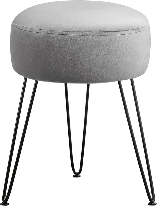 LUE BONA Vanity Stool, Gray Vanity Stools for Makeup Room, Round Ottoman Foot Stool, Velvet Footrest Vanity Chair for Bathroom Vanity, Bedroom, Living Room, Entryway, Offices, 300lbs