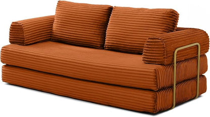HANXIN 80 Inch Convertible Sleeper Sofa Bed, High Back Plush Corduroy Folding Floor Mattress Couch with Fixed-Shape Frame, Boneless Futon Loveseat with Pull Out Bed, No Assembly Required (Orange)