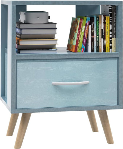 Aenuert Night Stand, Blue Kids Nightstand with Drawer, Nursery Side Table with Open Storage, 2-Tier Modern End Table, Bedside Table for Small Space, Living Room, Bedroom