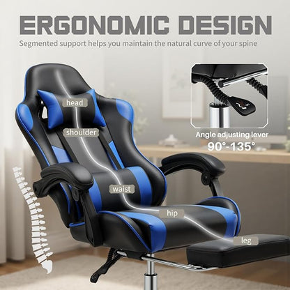 DUMOS Ergonomic Gaming Office Desk Chair with Linkage Armrests for Adults, Height Adjustable Computer Chair with Footrest and Headrest, PU Leather 360° Swivel Recliner with Lumbar Support, Deep Blue