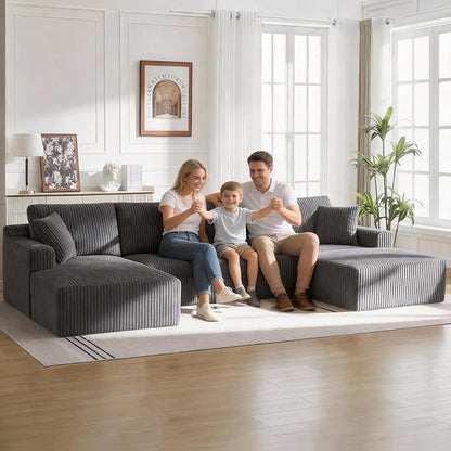 130" U-Shaped Modular Sectional Sofa with Chaise, Boneless Corduroy Flexible Module Seating for Living Room, Cloud Couch with Cup Holders and Side Pockets, No Assembly (Grey)