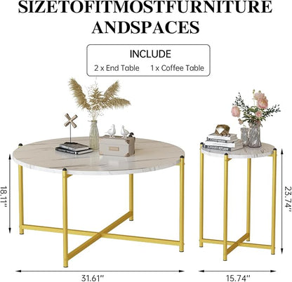 AWQM Faux Marble Coffee Table Set of 3, 1 Coffee Table & 2 Sofa Table, Round Tabletop and Metal Cross Base Frame,Perfect for Living Room Apartment, White