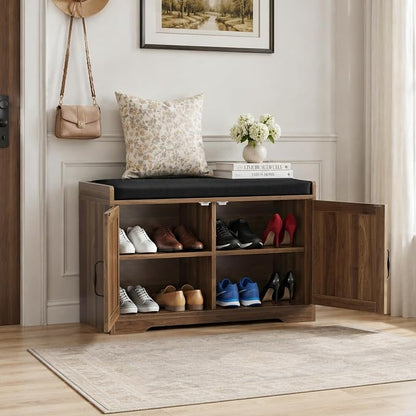 Entryway Shoe Storage Bench with Upholstered Seat, Double Door Cabinet, Adjustable Shelving, Slatted Front, Engineered Wood Organizer for Hallway, Foyer, Mudroom, Bedroom, Walk-In Closet (Walnut)
